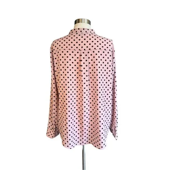 Adrianna Papell Pink & Black Polka Dot Blouse with Keyhole Tie sz L - Picture 5 of 5